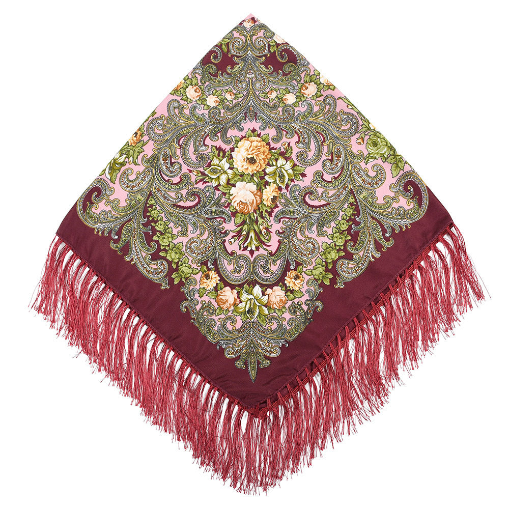 Women's Fringed Cotton And Linen Printed Square Scarf
