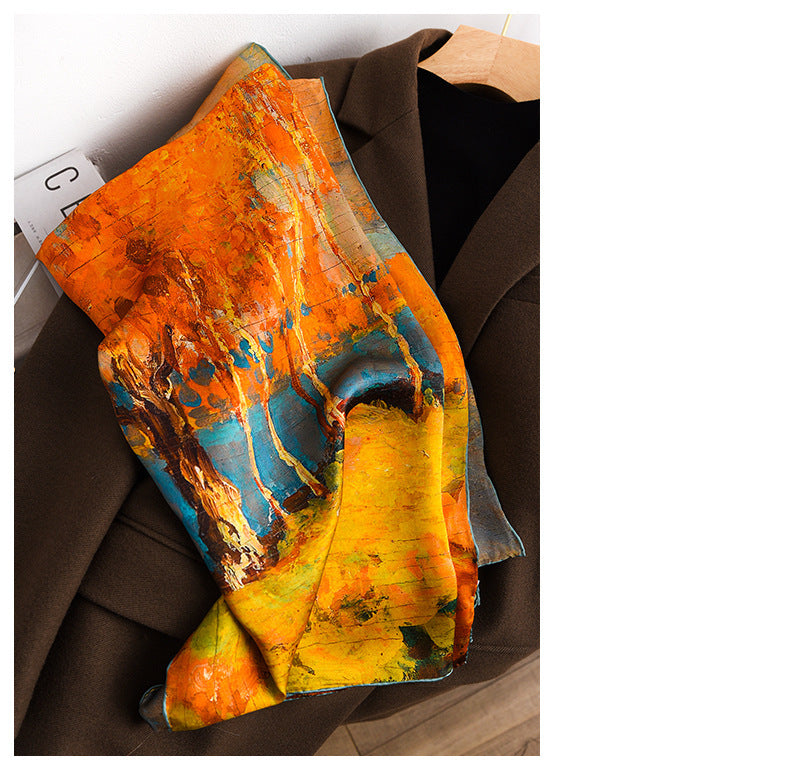 Oil Painting Autumn Thick Silk Big Square Scarf