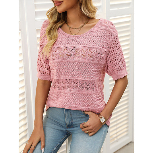 Women's Short Sleeve Sweater Tops Casual Crew Neck Crochet Knit Trendy Hollow Out Blouse T Shirts