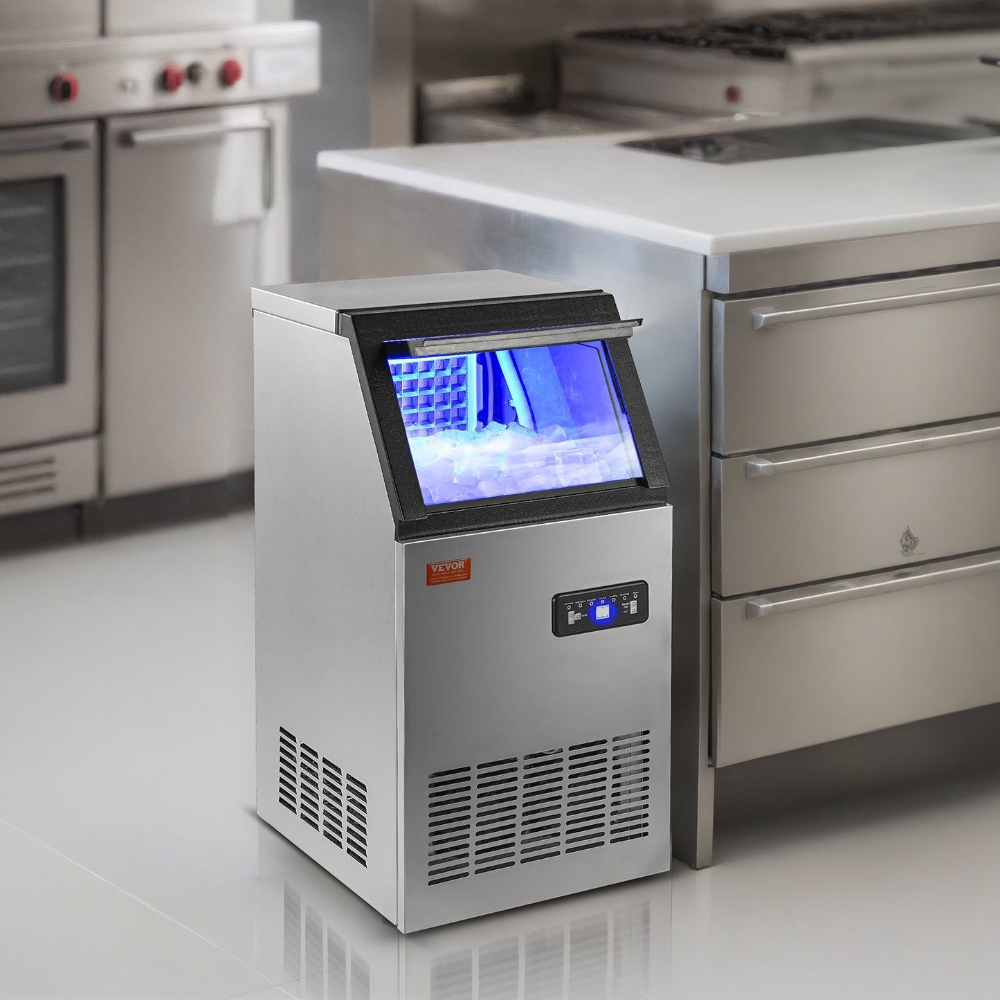 VEVOR Commercial Ice Maker, 80lbs 24H, Ice Maker Machine, 40 Ice Cubes In 12-15 Minutes, Freestanding Cabinet Ice Maker With 27.5lbs Storage Capacity LED Digital Display, For Bar Home Office Restauran