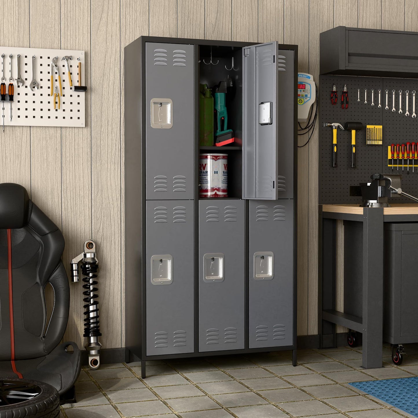 Metal Lockers For Employees,Locking Metal Storage Locker With 6 Doors &18 Hooks For School Office Gym Bedroom,Assembly Required,Black And Dark Grey