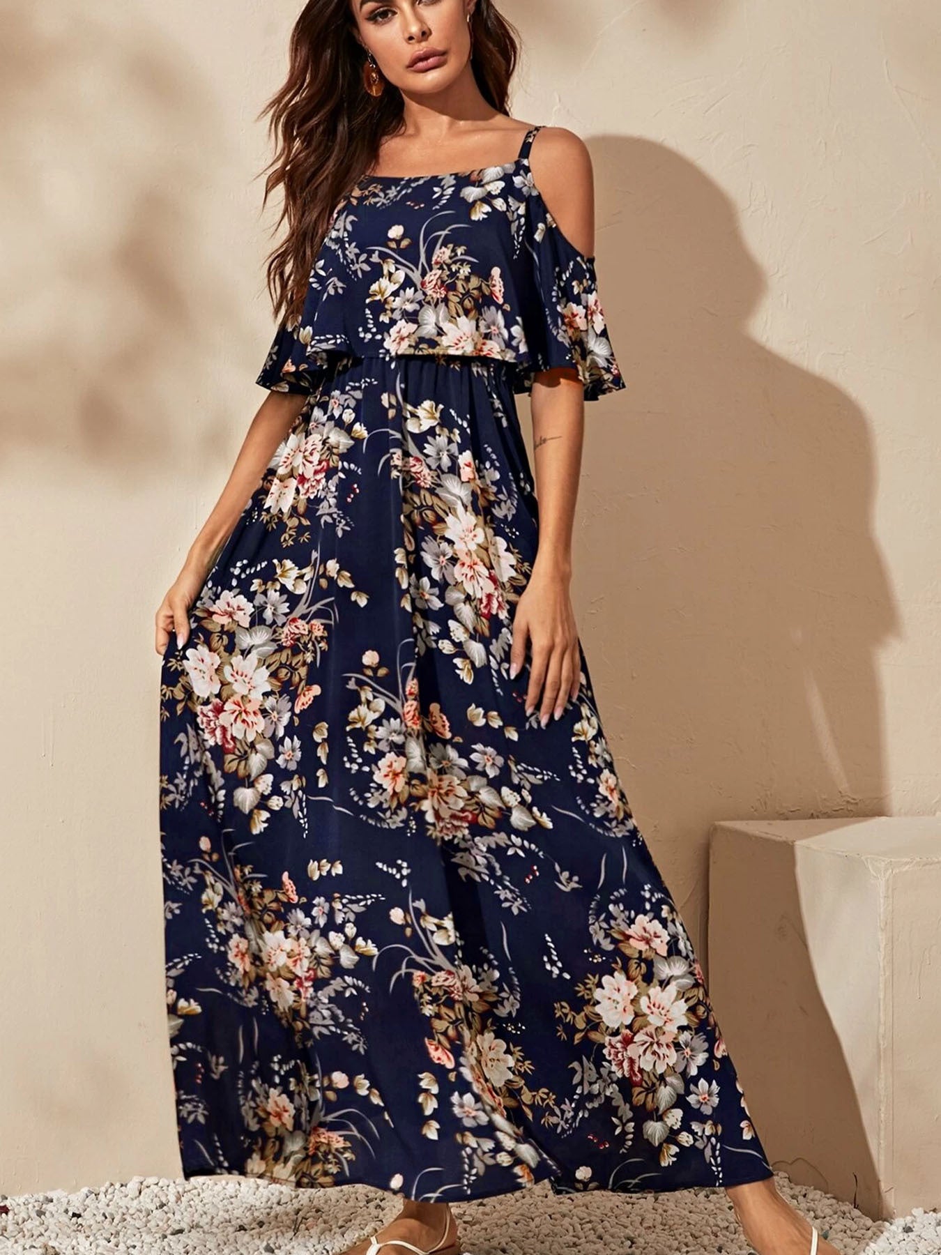 Women's Elegant Strappy Floral Print Off-the-Shoulder Maxi Dress - Stylish Summer Party DressWomen's Elegant Strappy Floral Print Off-the-Shoulder Maxi Dress - Stylish Summer Party Dress