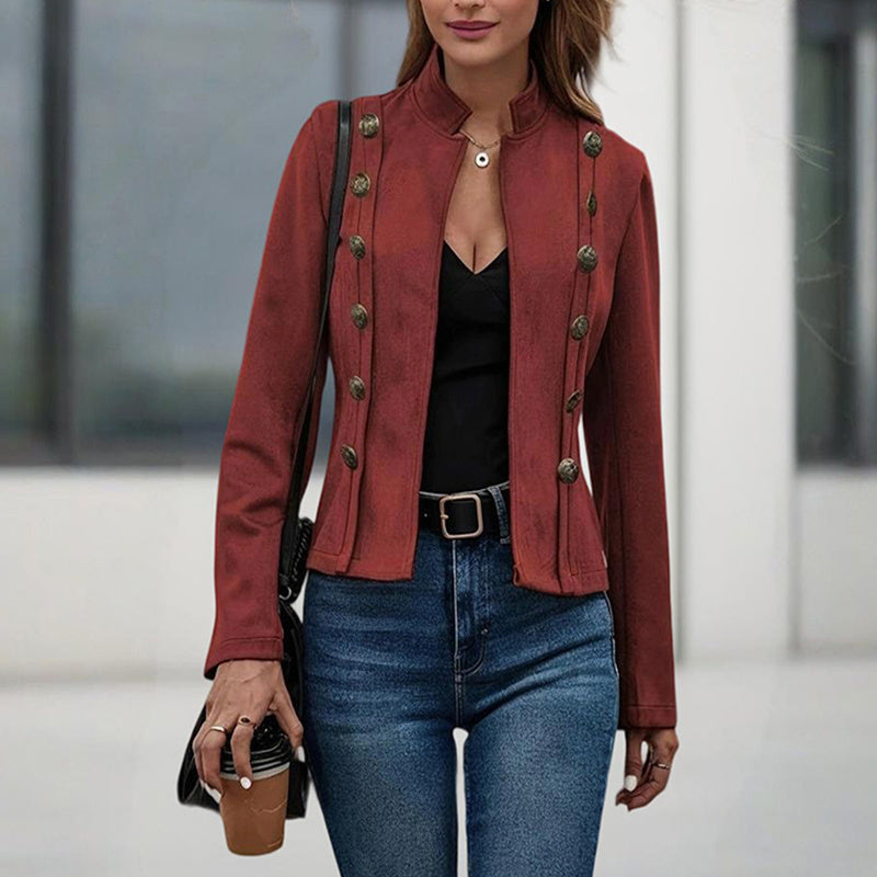 Women's Stand Collar Double-Breasted Jacket - Solid Color Long Sleeve Streetwear Coat Lightweight Spring&Fall Fashion