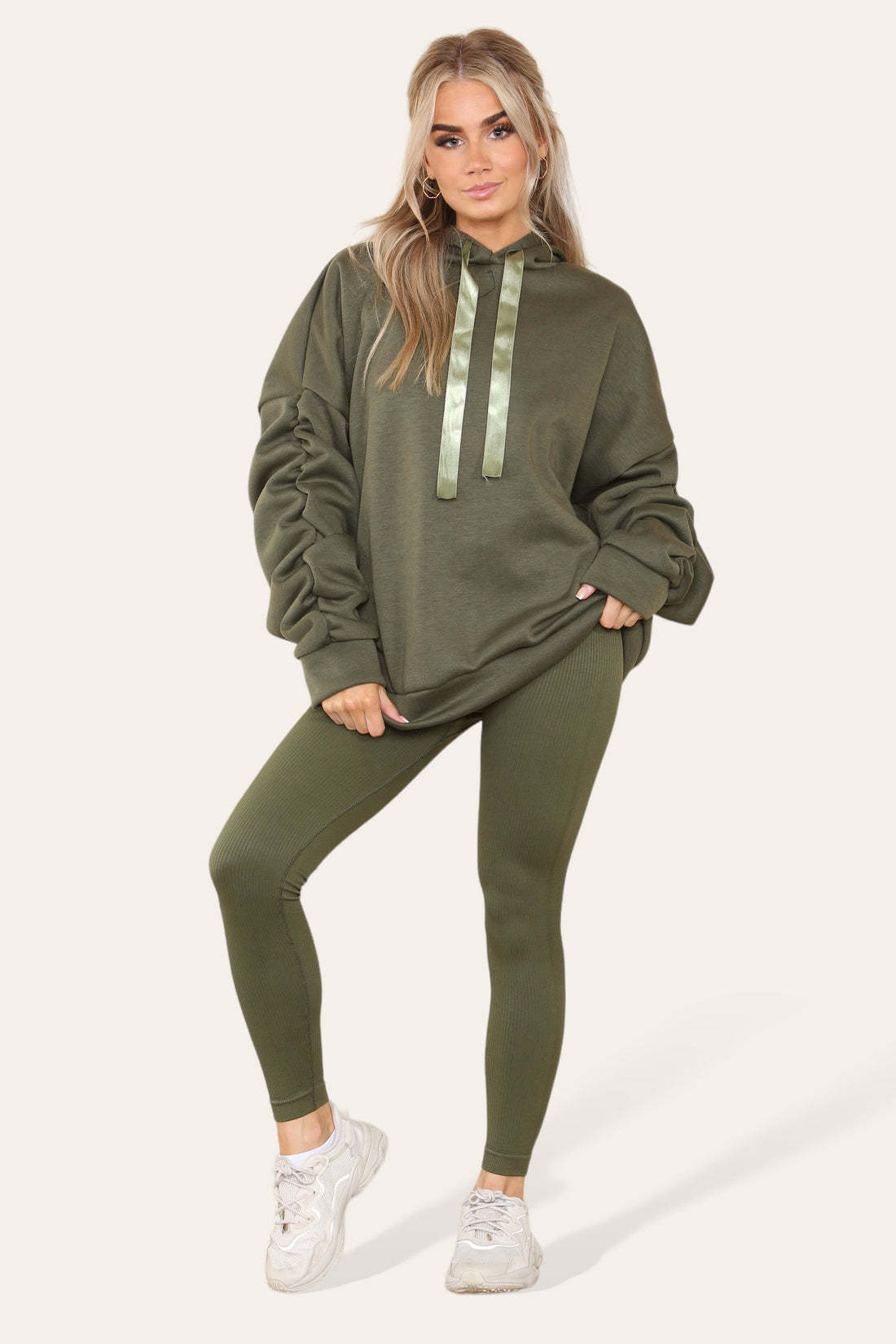 Oversized Ruched Sleeves Hoodie With Satin Ribbon With High Waist High Rise Seamless Ribbed Legging Set