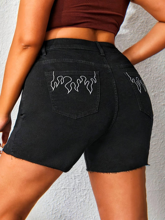 Hip Lifting Elastic Frayed Edge Denim Shorts Retro Tik Tok Popular Shorts Body Shaper With Pockets Flare Jeans Trendy Pattern Design High Waist Forbidden Platform - Temu
