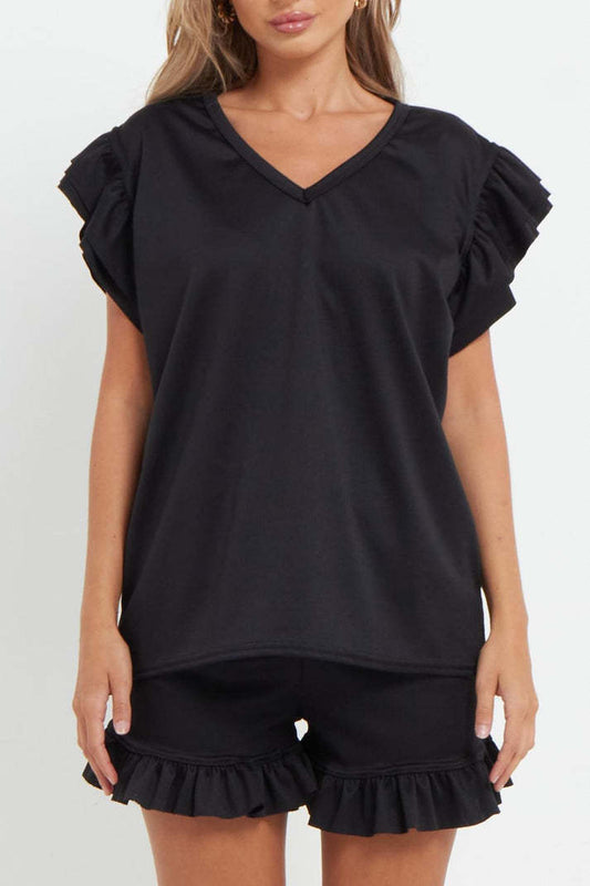 Ladies V Neck Frill Peplum Sleeve Top And Short 2 Piece Tracksuit Set