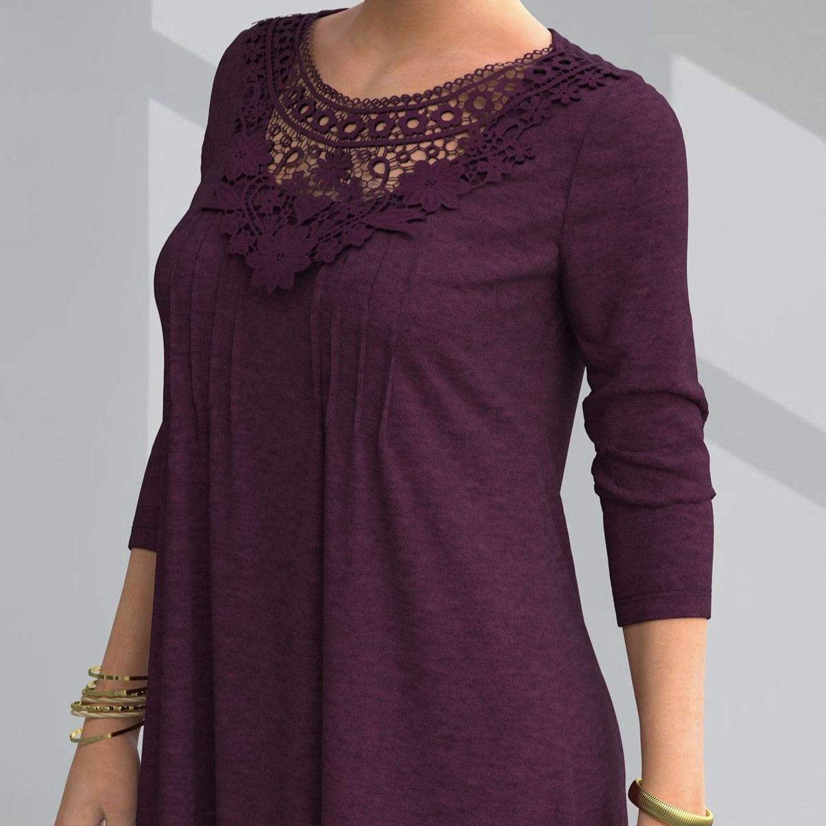 Ladies' Fashion New Solid Color Lace Splicing Round Neck T-shirt Casual Top