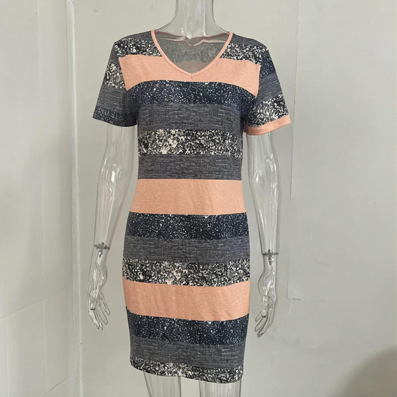Women's V-Neck Slim Fit Striped Short Sleeve Dress - Casual Summer Bodycon Mini Dress