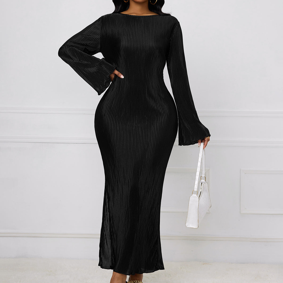 Ladies' Solid Color Fashionable Autumn And Winter Flared Sleeve Ribbed Slit Elegant Long Sleeved Dress