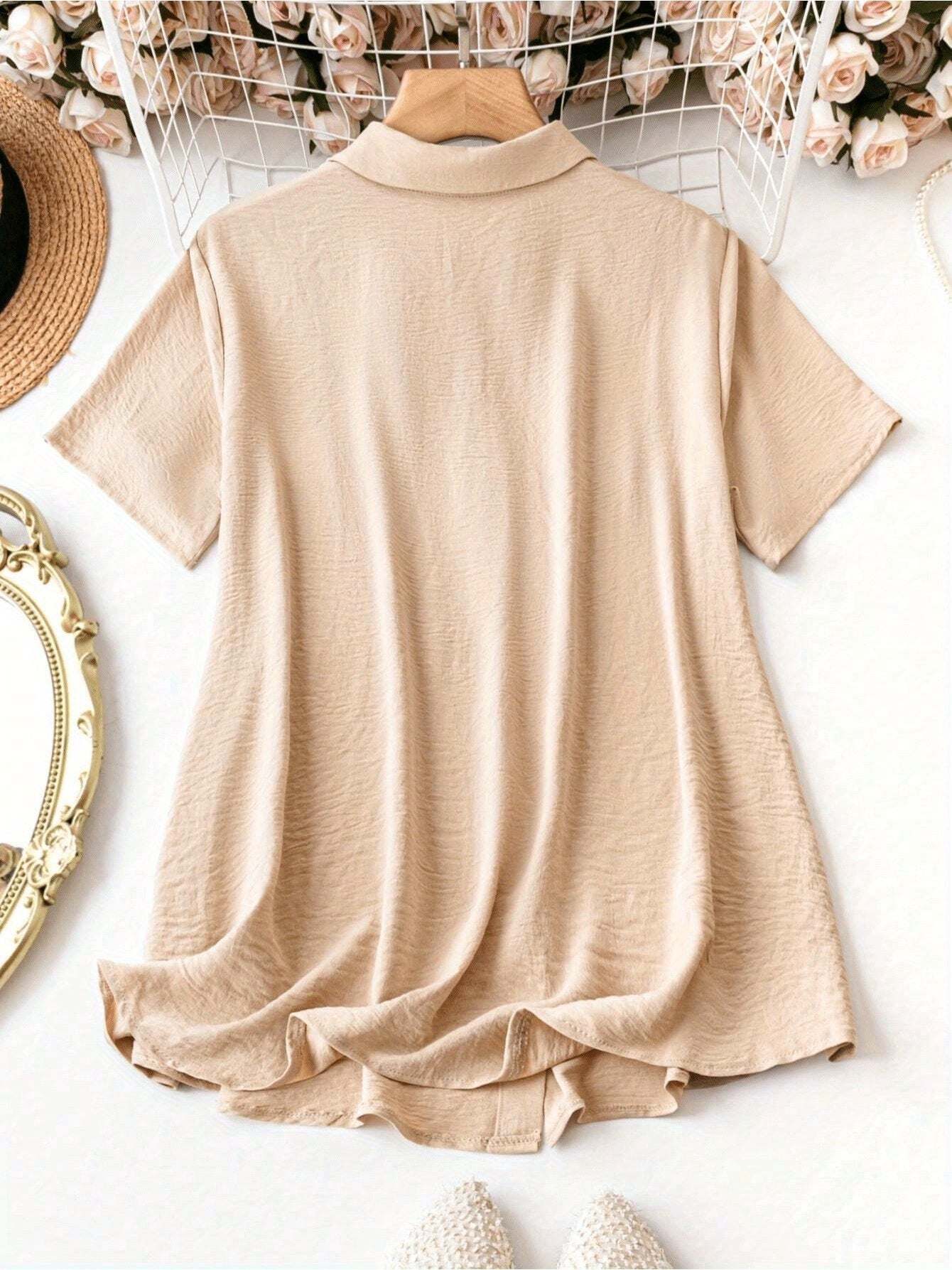 Women's Plus Size Collared Button-Down Shirt - Summer Vacation Casual Short-Sleeve Top For Outings