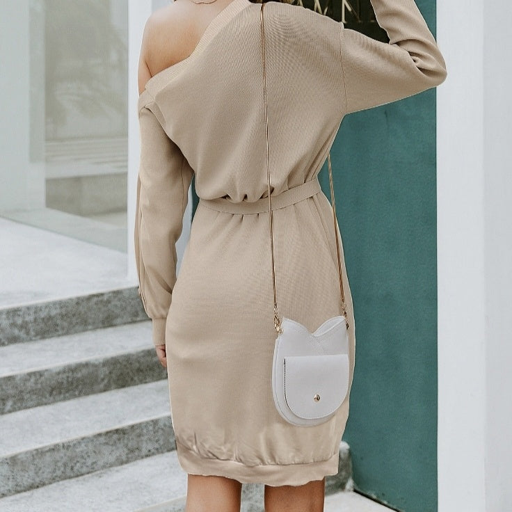 Ladies' Casual Solid Color Sloping Shoulder Collar Women's Fashionable Dress