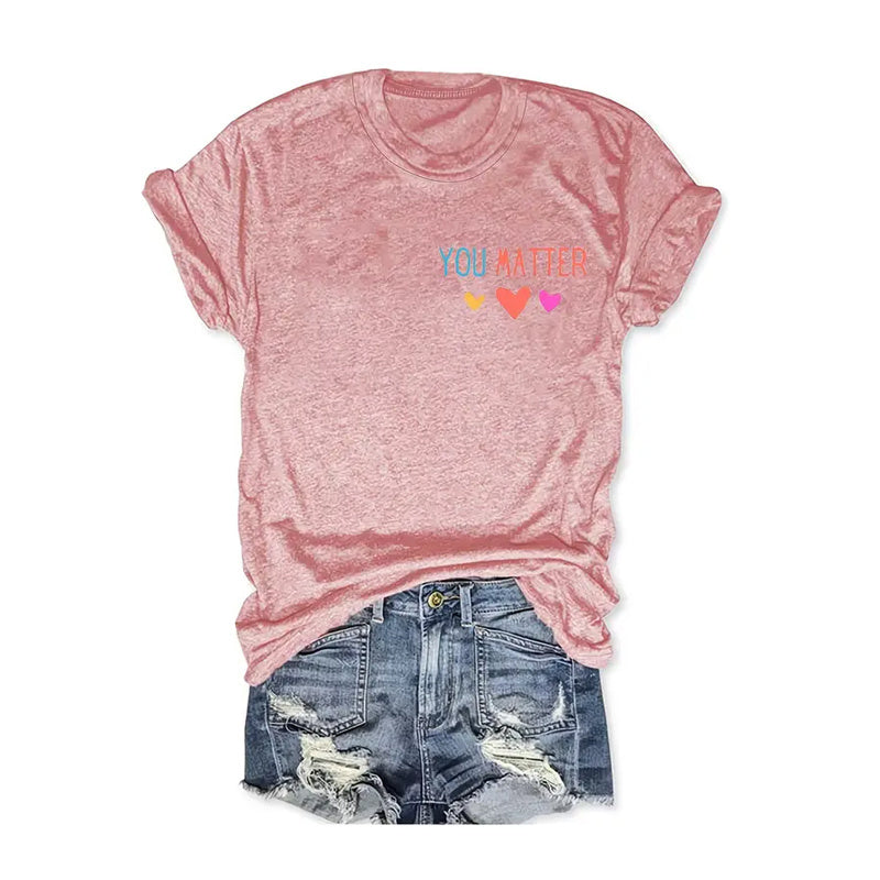 Women's Heart & Slogan Print Round Neck Tee - Love-Inspired Summer Top