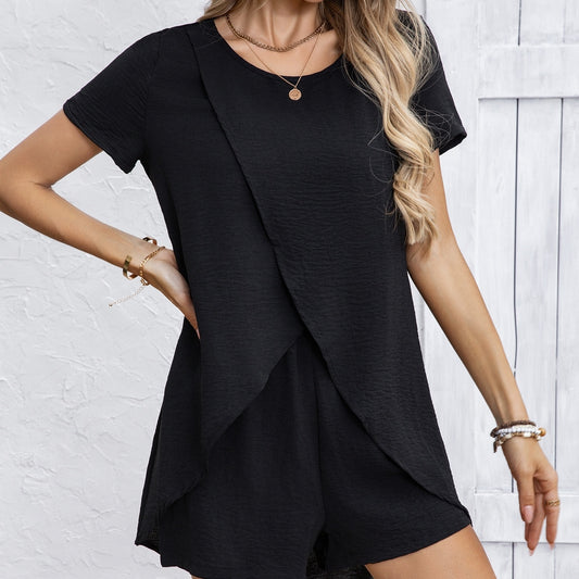 Women's Solid Color Round Neck Versatile Cross Asymmetrical T-shirt Top Shorts Set Two-piece Set