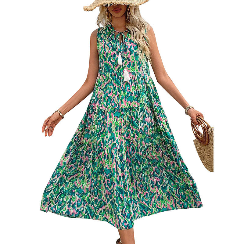 Women's Bohemian Sleeveless Tassel Tie-Dye Maxi Dress Spring Summer Casual Sundress