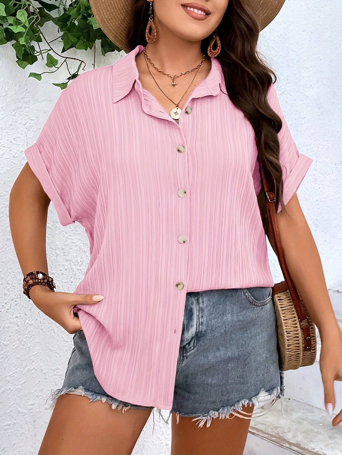 Women's Plus Size Summer V-Neck Dolman Sleeve Casual Short-Sleeve Striped Blouse For Work & Daily Wear