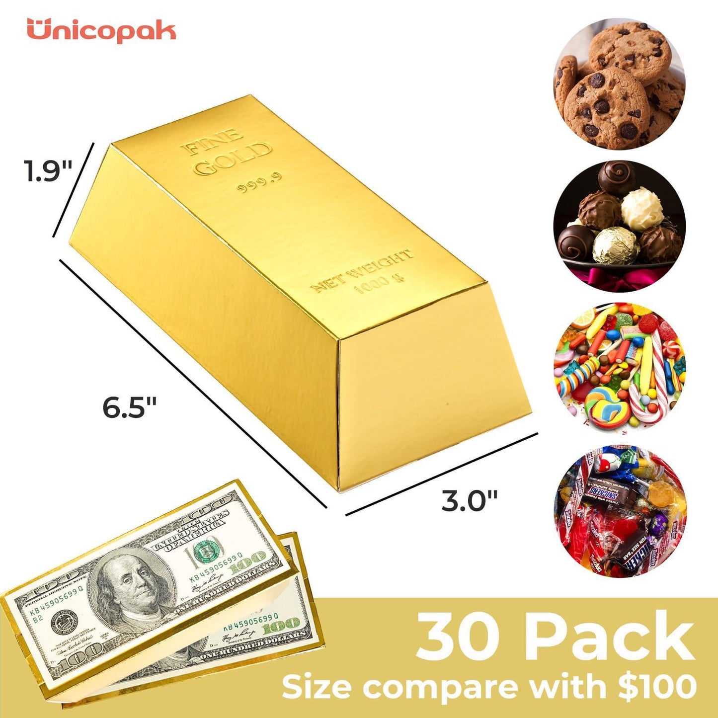 30x Gold Bar Party Favour Boxes Gift Treat Boxes For Parties Sweets, Chocolates, Coins