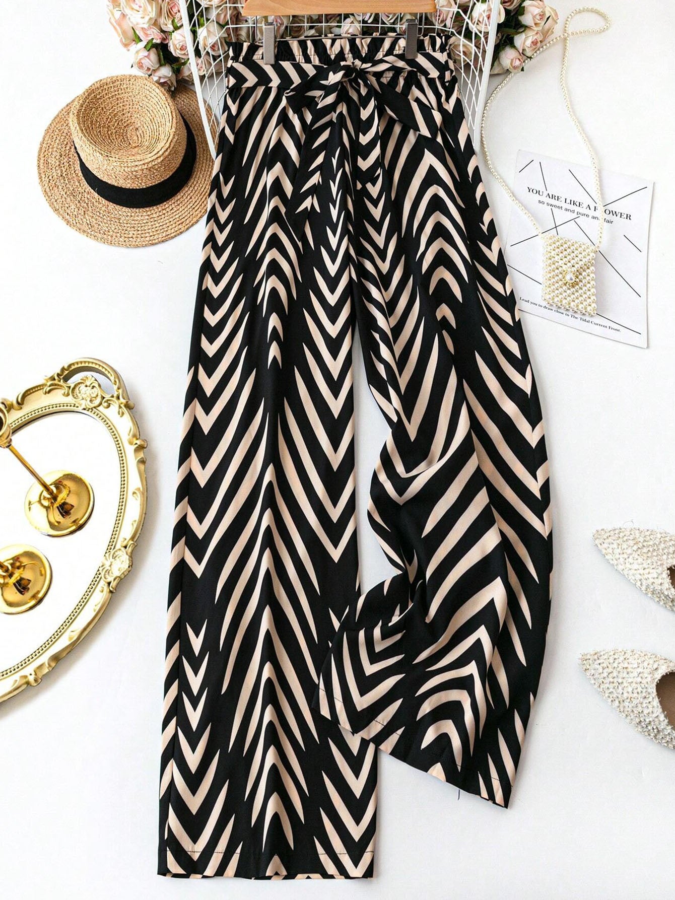 Women's Plus Size Printed Wide-Leg Pants - Summer Office Casual Black Trousers With Belt