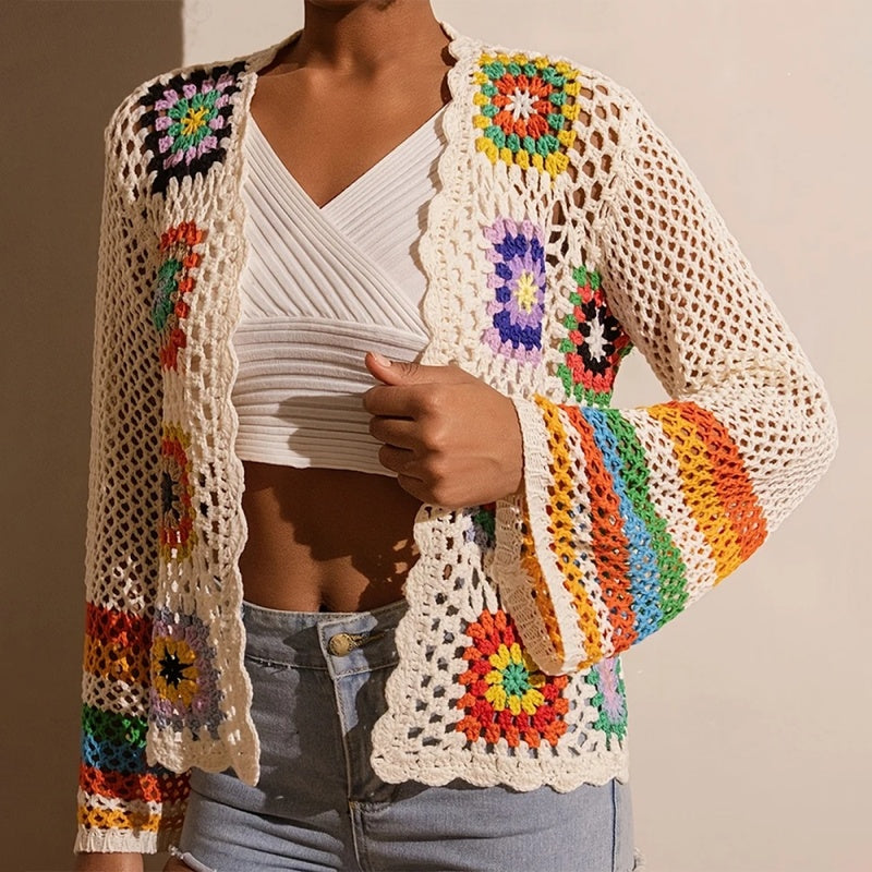 Women's Elegant Crochet Cardigan - Long Sleeve Open Front Vibrant Color Block Coat