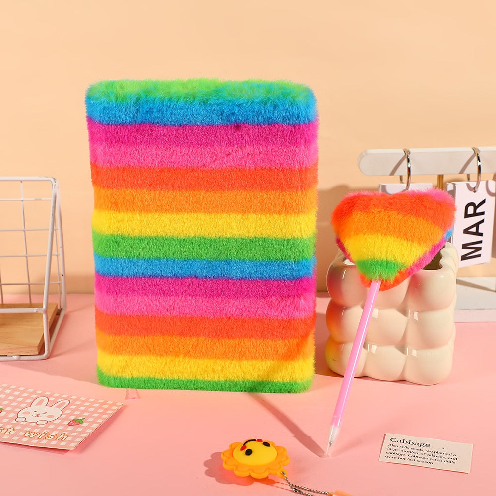 Rainbow Plush Notebook A5 Diary Can Be Used For Study And Office, Suitable For Gifts For Girls, Cute, Princess Style, Back To School Season, LGBT-1 Set