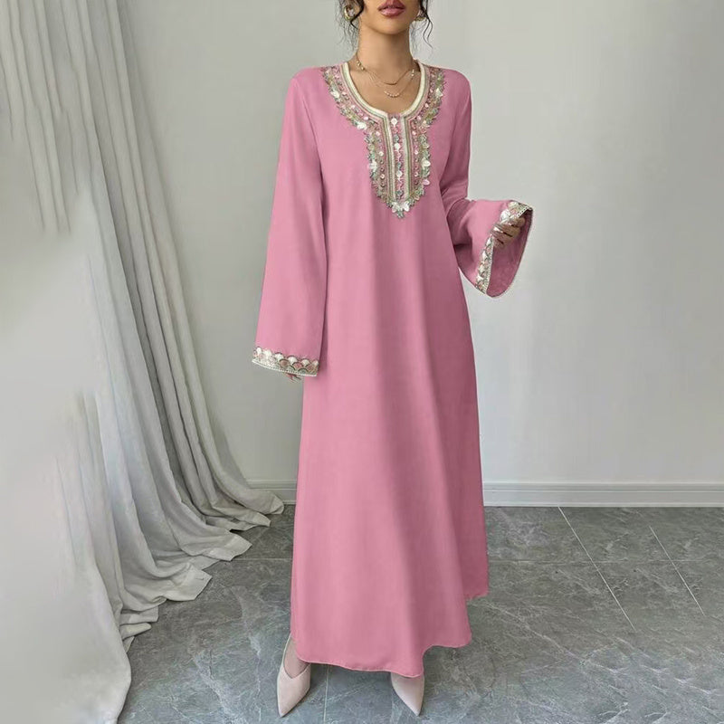 Women's Middle Eastern Embroidered Maxi Dress - Round Neck Long Sleeve Flowy Kaftan With Exquisite Embroidery, Loose Fit