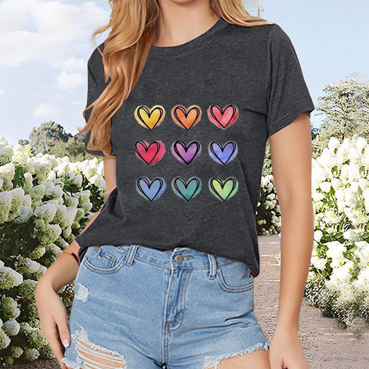 Women's Round Neck Short Sleeve T-Shirt With Multicolor Heart Print, Casual Summer Top