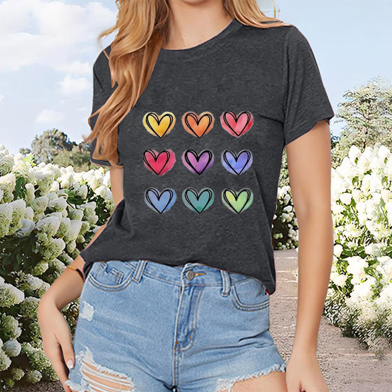 Women's Round Neck Short Sleeve T-Shirt With Multicolor Heart Print, Casual Summer Top