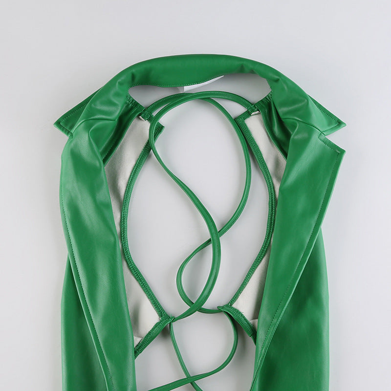 Halter Leather Lace-up Vest With Polo Neck