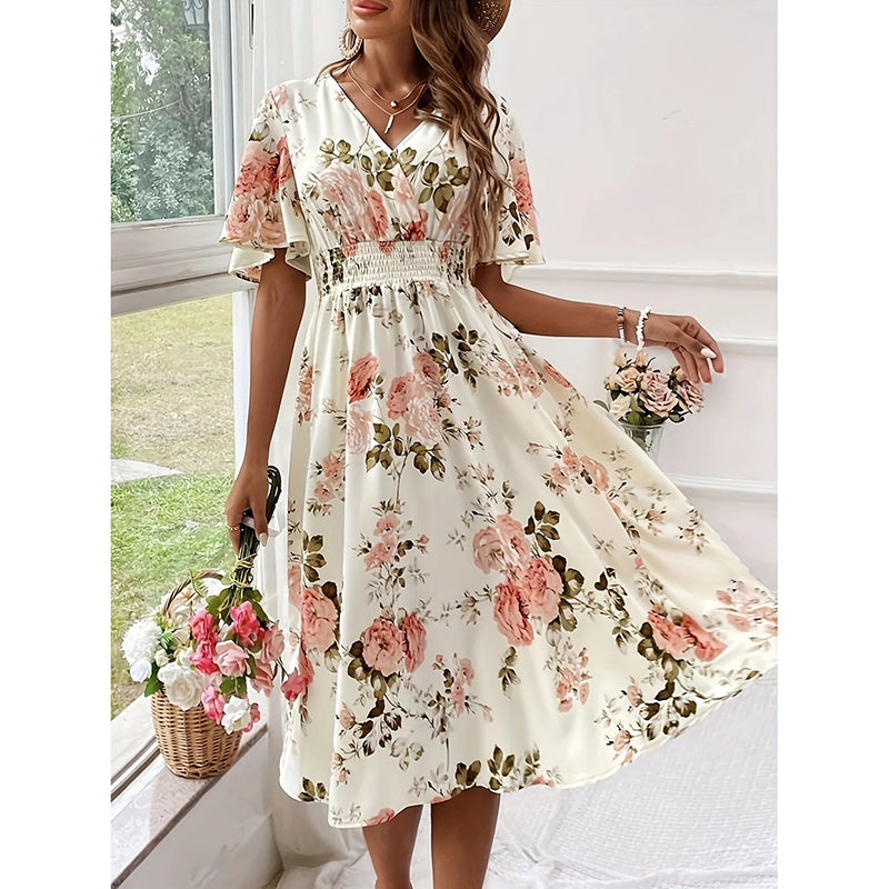 Women's Floral Boho Summer Midi Dress Ruffle Short Sleeve V Neck Empire Waist Flowy Dress
