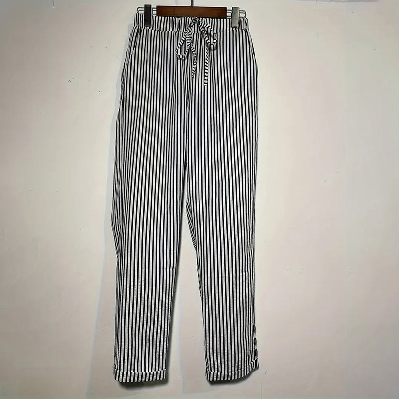 Women's Striped Elastic Waist Pants - Button Accent With Pockets, Casual Comfort Trousers For Spring&Fall