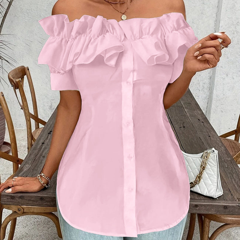 Women's Solid Color Off-Shoulder Ruffled Blouse - Waist Button-Down Shirt For Vacation & Daily Wear