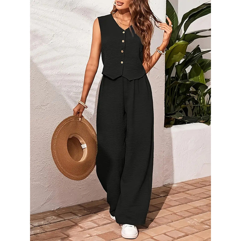 Womens Two Piece Outfits Summer Fashion Button V Neck Crop Vest Blazer And Wide Leg Pants Suit Matching Sets