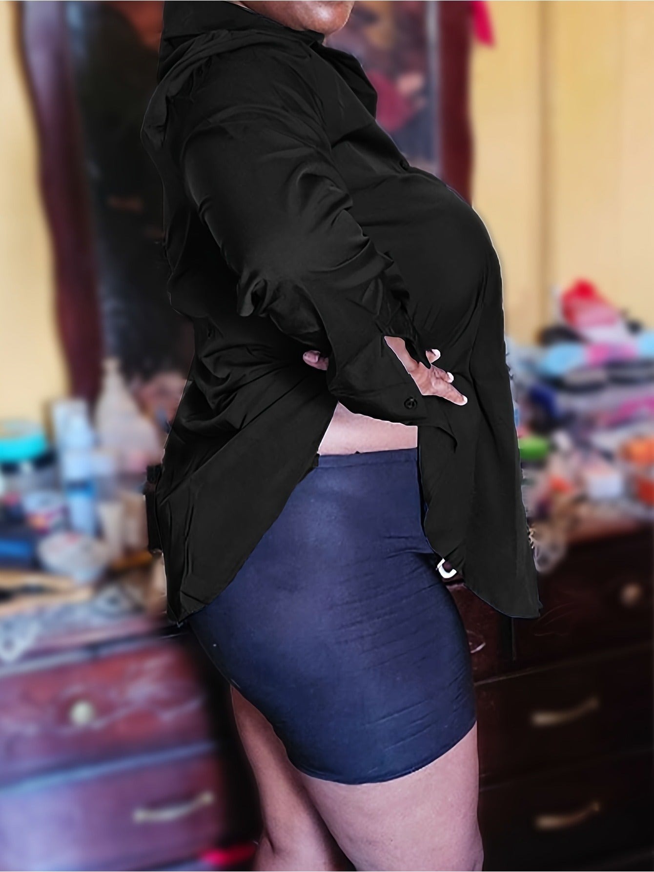 Women's Plus Size Long-Sleeve V-Neck Maxi Button-Down Shirt - Casual Side-Slit Blouse