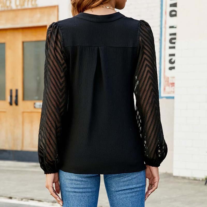 Womens Casual Lace Long Sleeve Chiffon Shirts Dressy Casual V Neck Blouses Business Work Tops
