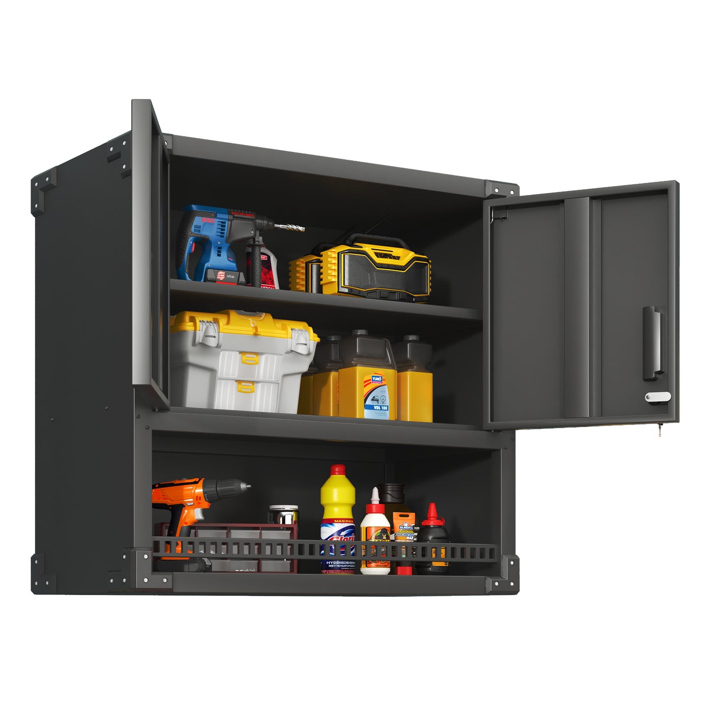 Metal Wall-Mounted Tool Storage Cabinet With Locking Door And 1 Shelf 1 Opened Drawer For Garage Warehouse,Office,Assembly Required