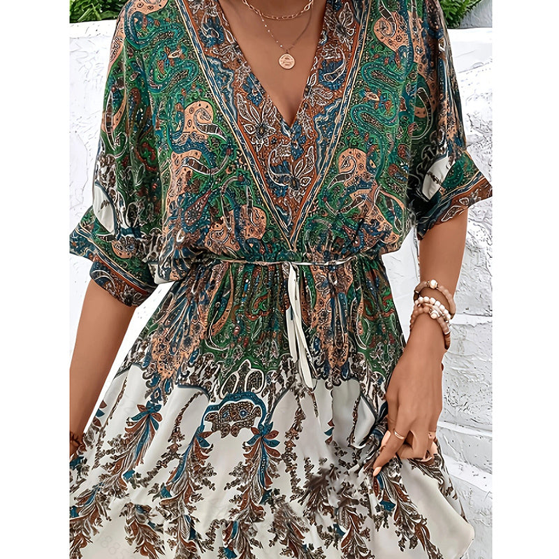 Women's Bohemian Dress V Neck Front Tie Short Sleeve Floral A Line Beach Boho Flowy Tunic Dress
