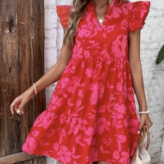 Ladies' Elegant Large Hem A-line Floral Print Small Fly Sleeves Pleated Vacation Style Dress