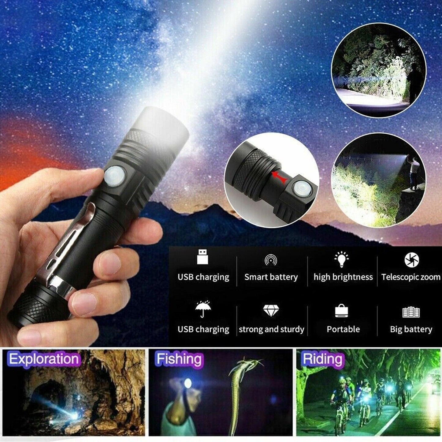 2 Pack LED Taschenlampe Aufladbar USB Super Hell Taktisches Fackel Lumen Akku