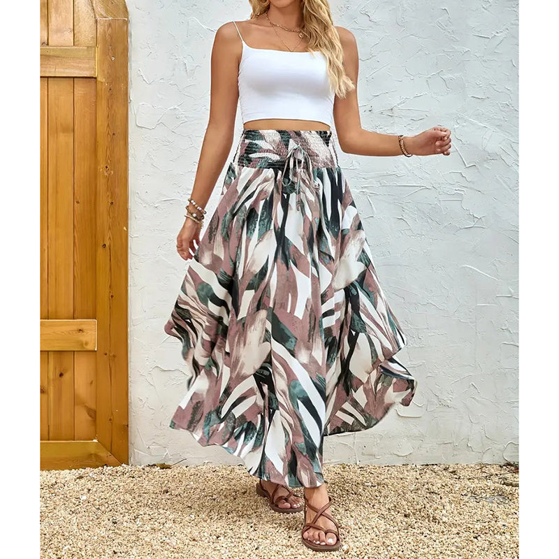 Women's High Elastic Waist Midi Skirt Casual Summer Trendy Tie Front Flowy Floral Print Beach Long Skirt