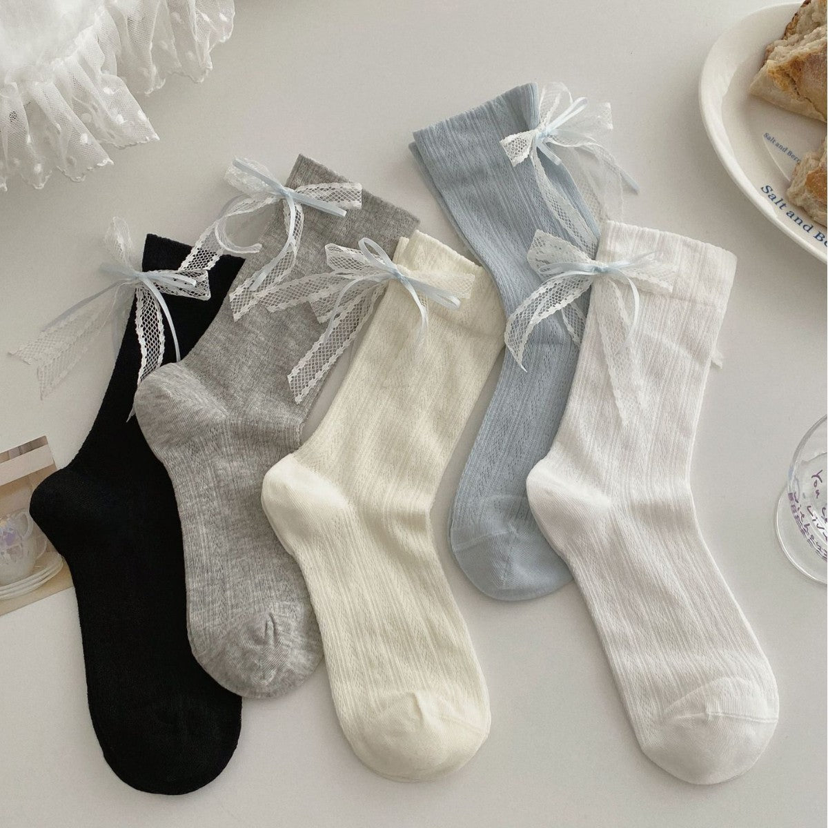 Summer Thin Boneless Ballet Style Ins Japanese Girl Lace Bow Ribbon Socks Women's Mid Tube Stockings