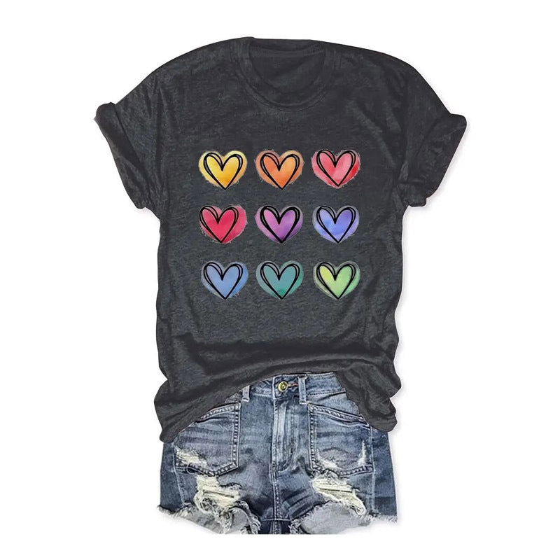 Women's Round Neck Short Sleeve T-Shirt With Multicolor Heart Print, Casual Summer Top