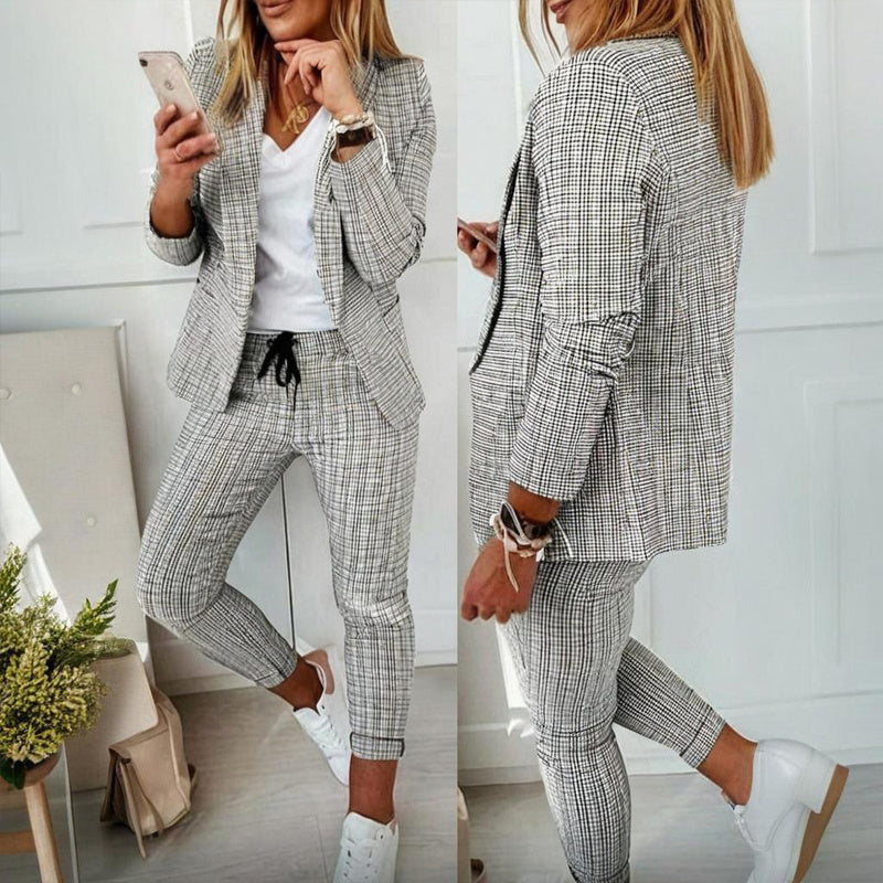 Women's Solid Color Plaid Long Sleeve Suit Two-piece Set With Pockets & Drawstring Waist Office Wear For Spring&Fall