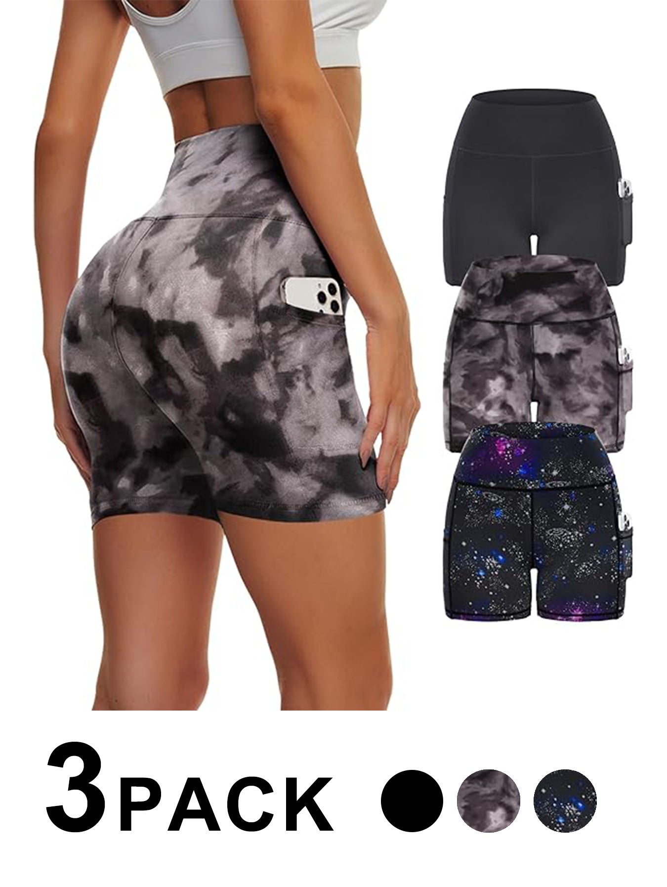 Yoga Pants - Three Points High Waist 3 Pieces Of Polyester Double Grinding Black Polyester Double Grinding Black Tie-dye Polyester Double Grinding Blue Purple Starry Sky