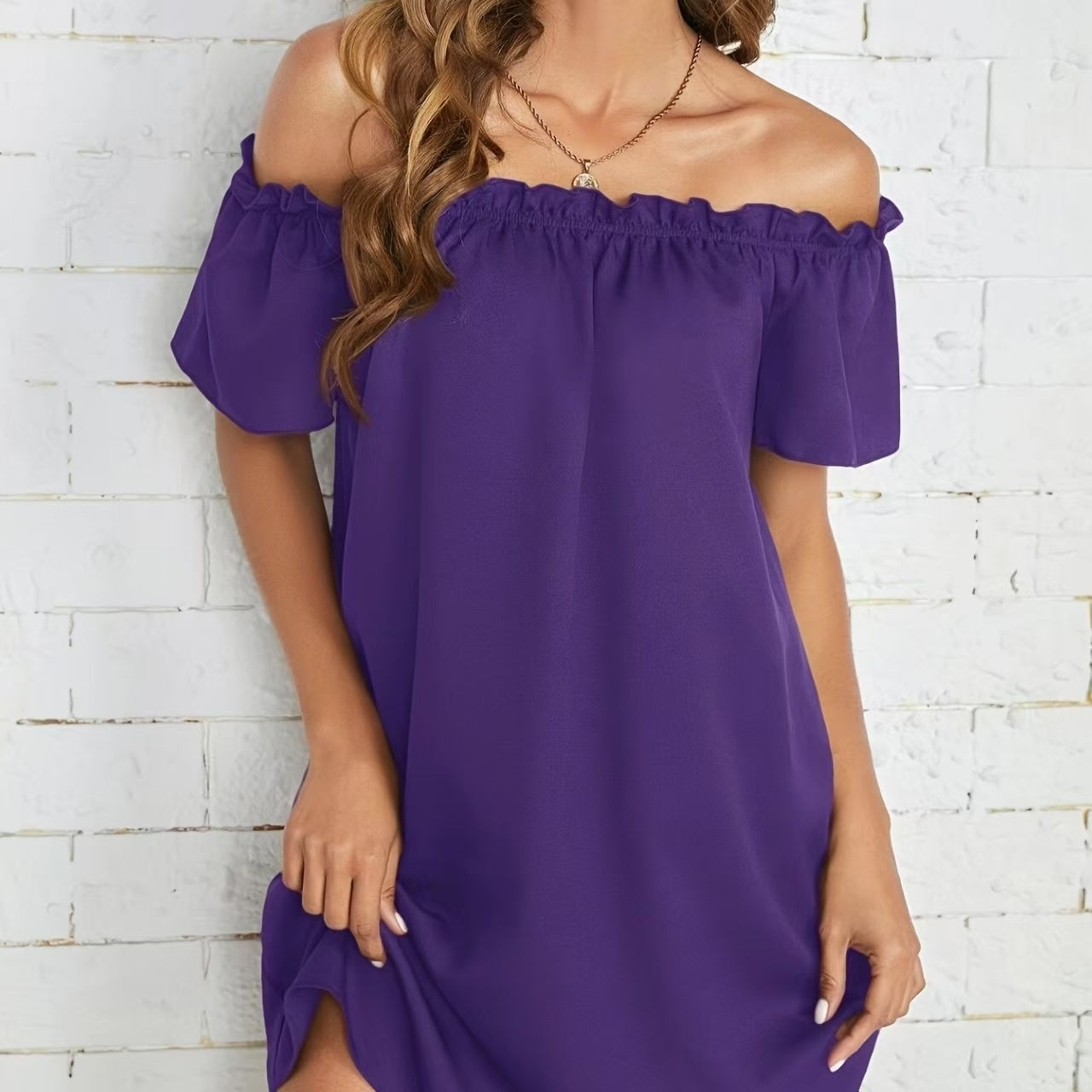 Ladies' Fashion Off Shoulder Ruffle Solid Color Decorative One Shoulder Casual Dress