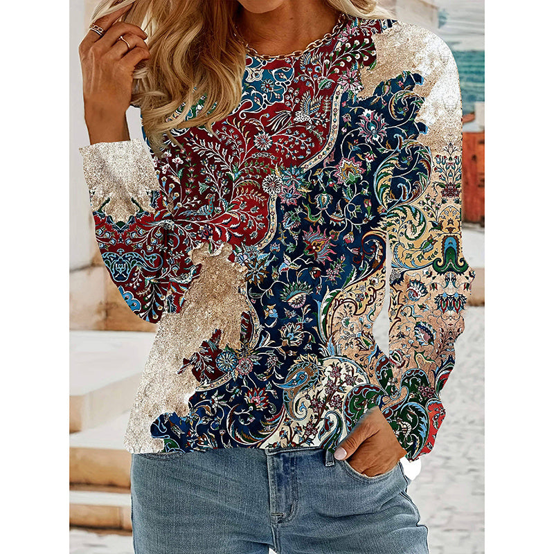 Women's Floral Print Long Sleeve Shirt Casual Round Tunic Blouse Top