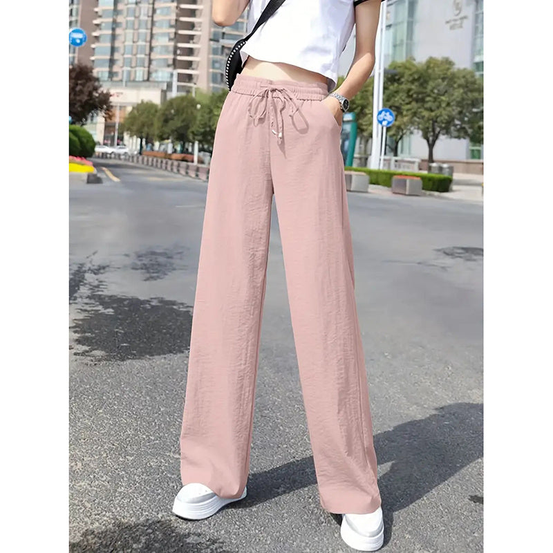 Women's Casual Pants Drawstring Elastic Waist Pants Flowy Wide Leg Trousers With Pockets