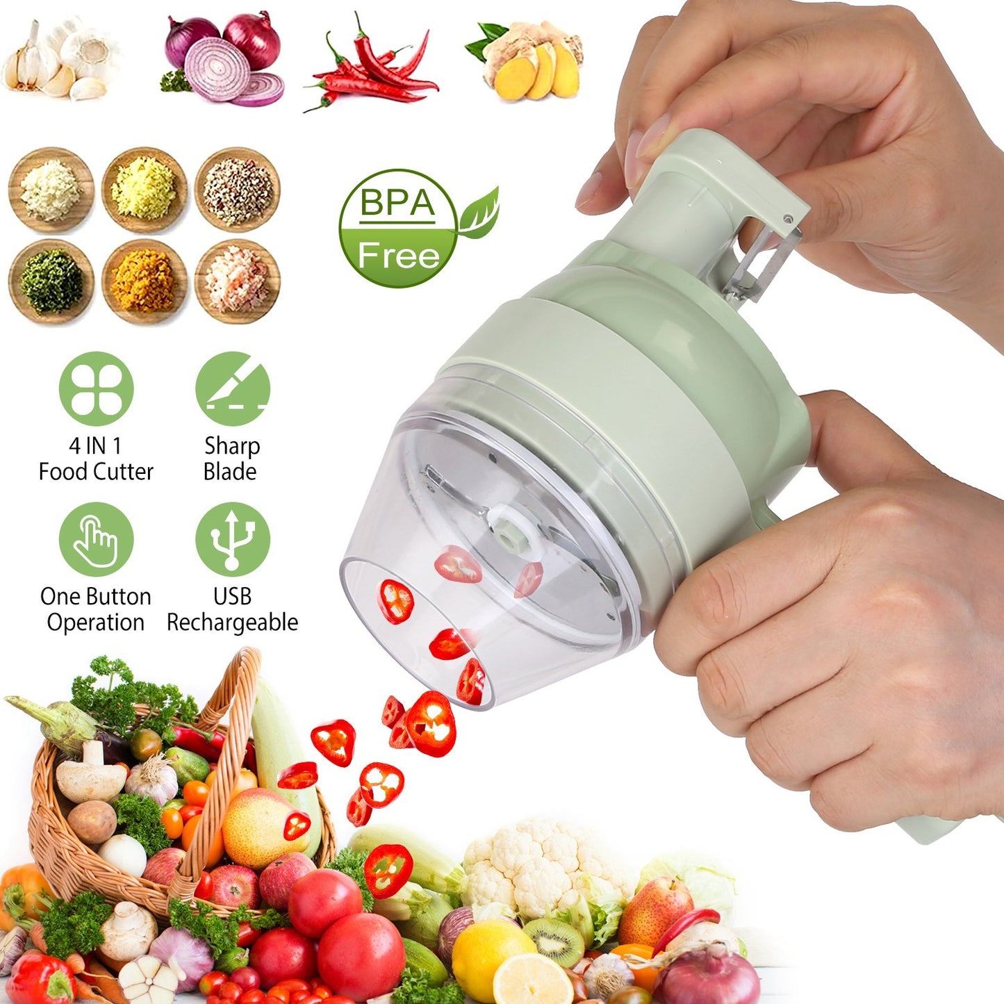 Multipurpose 4 In 1 Handheld Electric Vegetable Cutter Set Portable Wireless Garlic Mud Masher Garlic Press And Slicer Set Multifunctional Electric Mini Food Processor