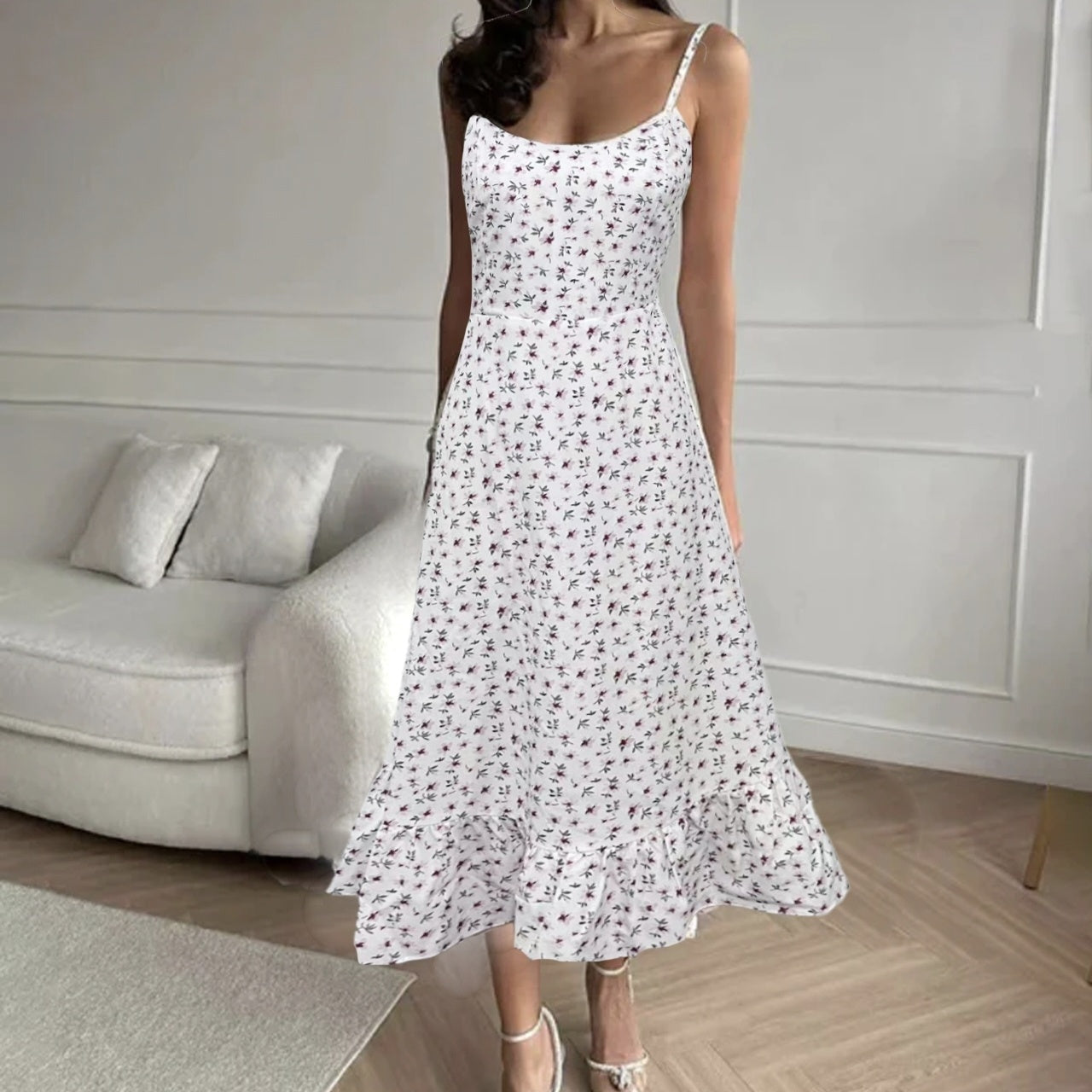 Ladies' Shallow V-neck Vacation Casual Small Floral Print Suspender Dress