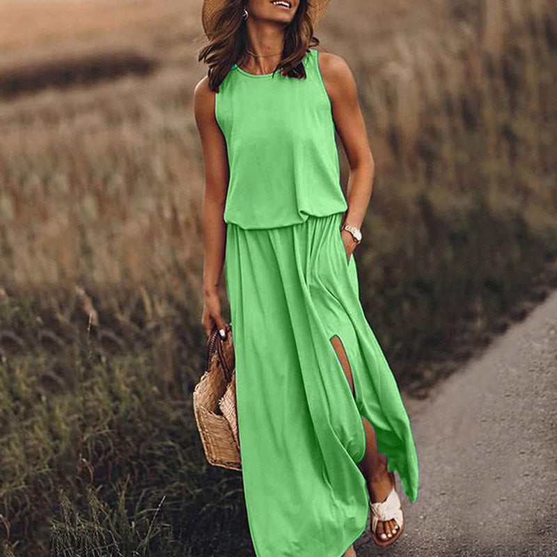 Women's Maxi Dress Summer Sleeveless Crewneck Sundress Casual Loose Long Dresses With Pockets