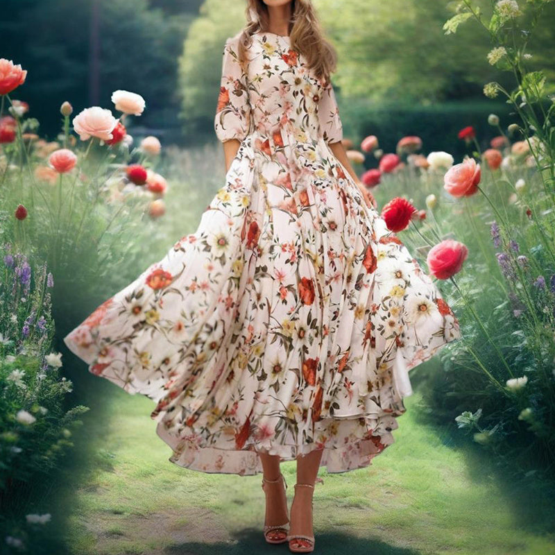 Women's Elegant Floral Print Boho Dress - Round Neck Half Sleeves Flowy Maxi Dress
