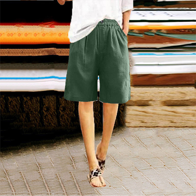 Women's Casual High Waist Loose Fit Solid Color Shorts - Button & Elastic Waist With Pockets, Comfortable Summer Shorts